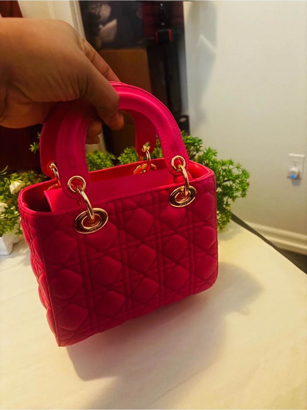 Designer-Inspired Hot Pink Quilted Tote Bag with Gold Hardware